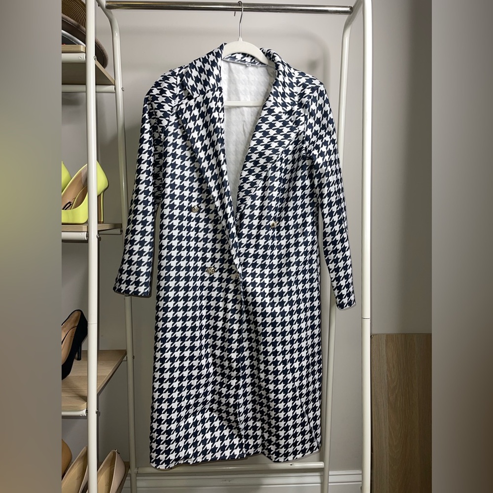 Black and white houndstooth trench pea coat jacket with button front